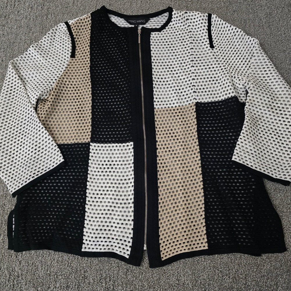 Ming Wang Zip Front Knit Jacket Black White Colorblock Open Hole Size S